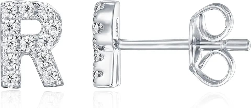 PAVOI Initial Earrings for Women, 925 Sterling Silver Pave CZ Studs