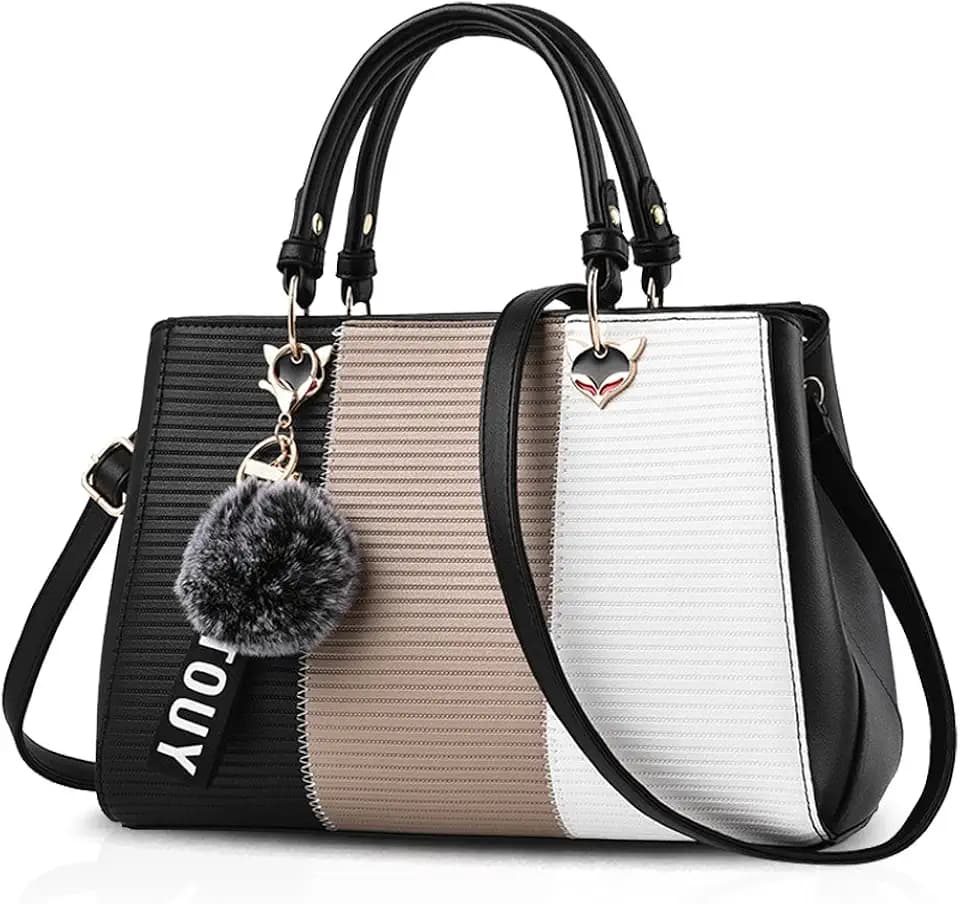NICOLE & DORIS 2025 Neue Frauen Tasche Damen Leder Handtasche Mode Umhängetasche Mit Pompon abnehmbarem Schultergurt Handtasche Schwarz