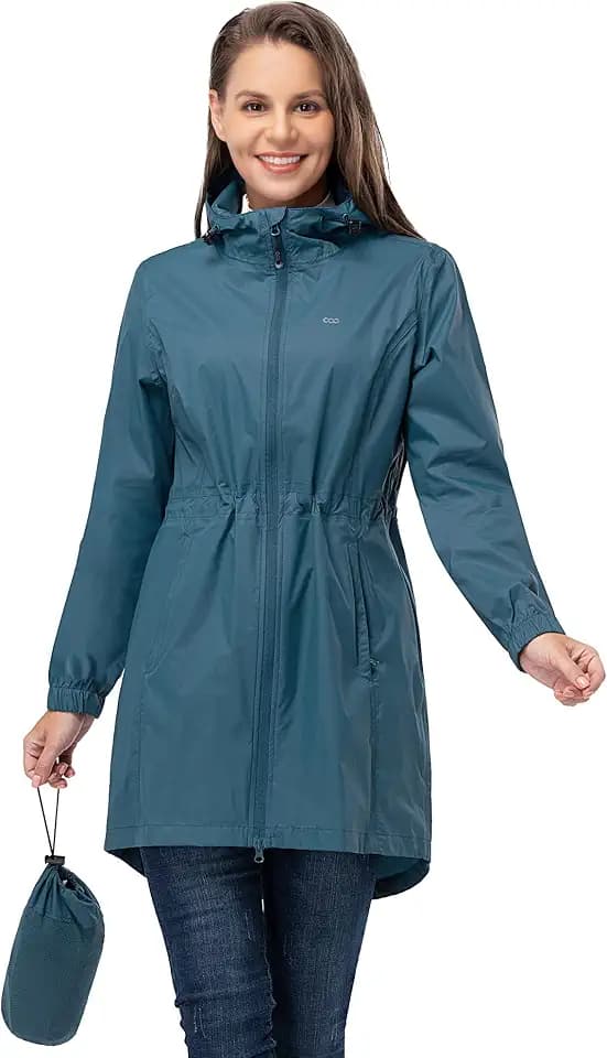 33,000ft Damen Dünne Wasserdichte Faltbar Regenmantel Regenjacke mit Kapuze, Leicht Atmungsaktive Travel Regenponcho, Lange Windbreaker Jacke für Frauen