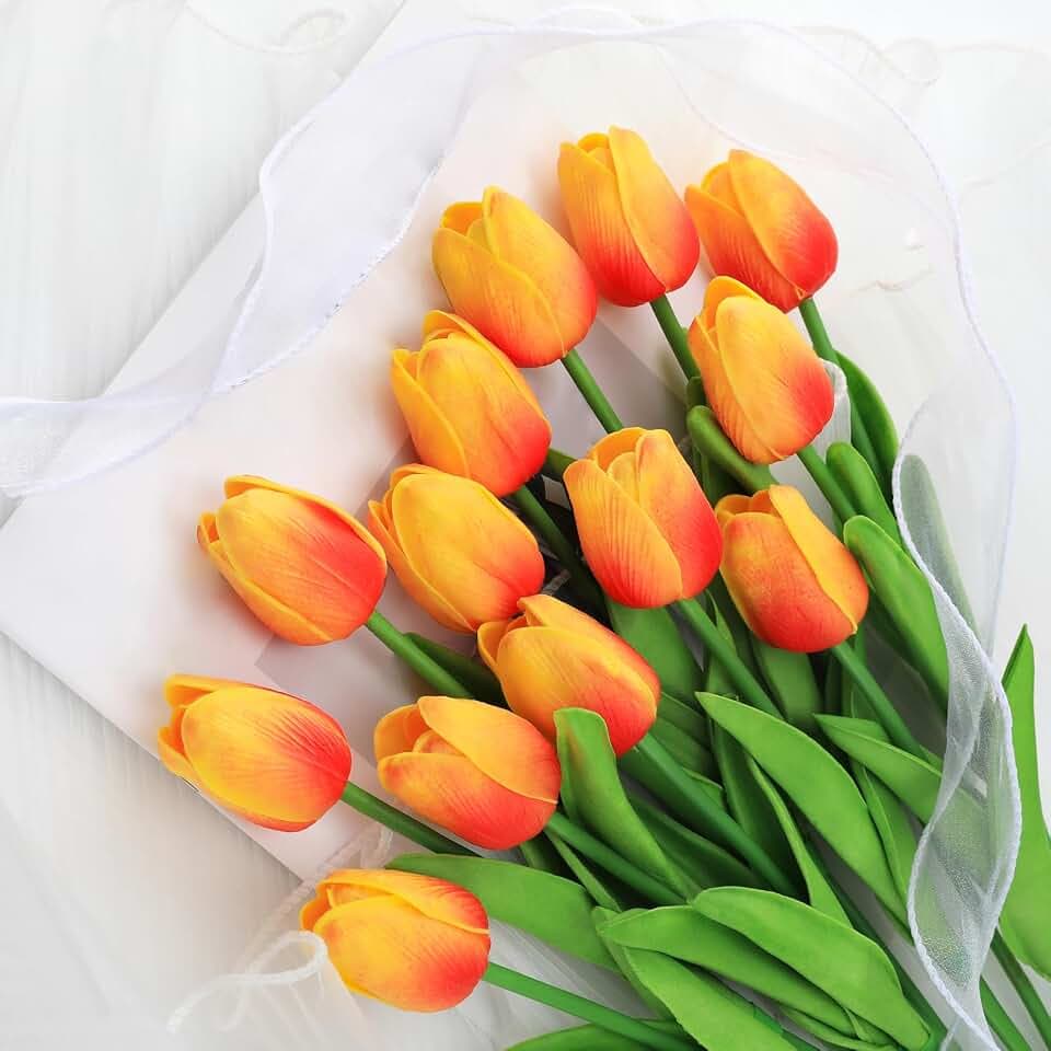 Kisflower Künstliche Tulpen aus Latex, 12 Stück, künstliche Blumen mit realistischer Haptik, für Zuhause, Büro, Hochzeitsdekoration (rot und gelb)