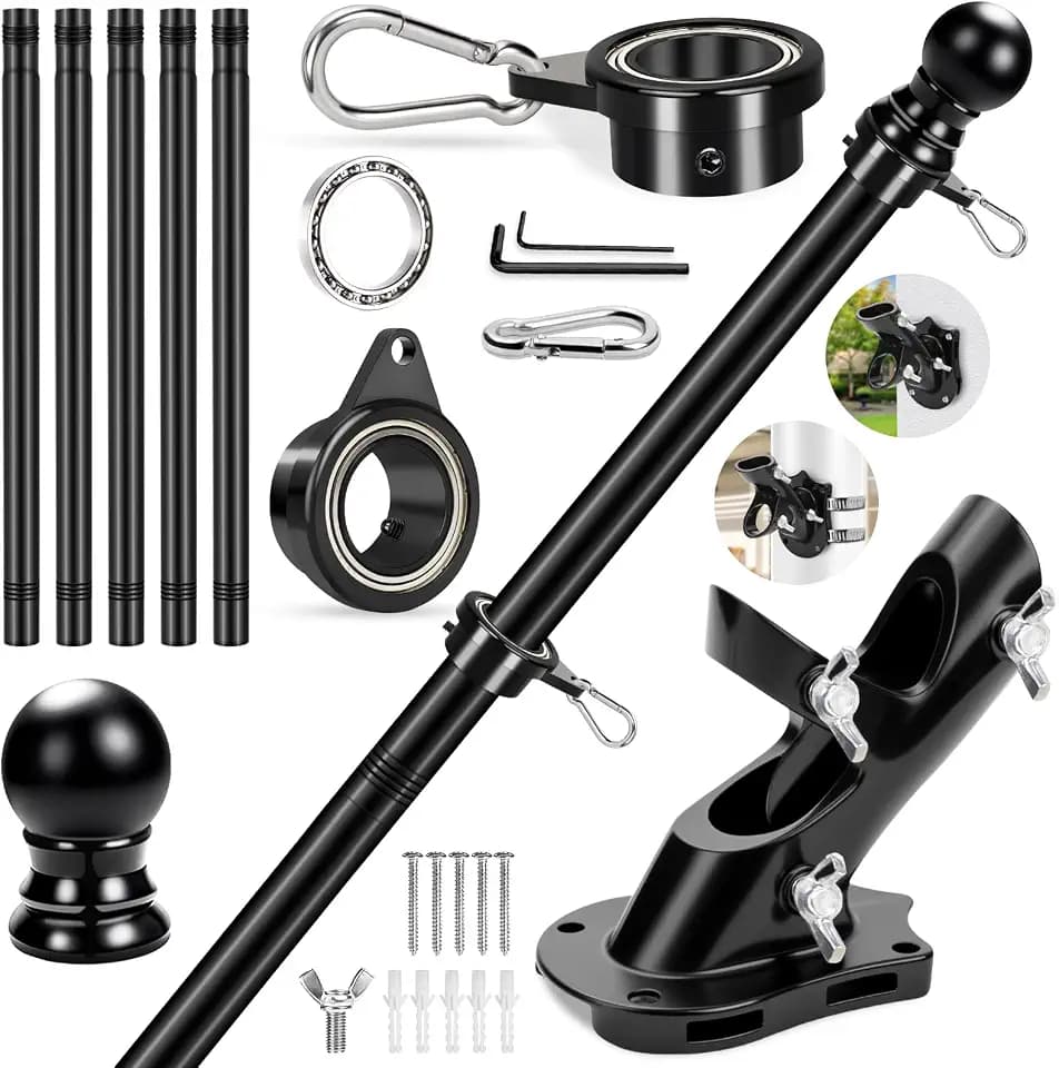 Flag Pole Kit with Bearings Ring, 6 FT Stainless Steel Flagpole 1" Tangle Free 360° Spinning Flag Poles with Rotating Bearing Steel Ball Rings & 2-Position Holder Bracket for Outside House Wall Mount