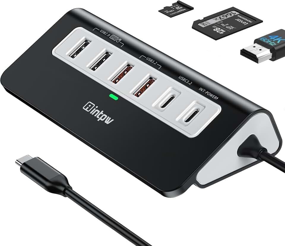 intpw USB C Hub, P9 PRO USB C Hub Multiport Adapter with 4K HDMI, PD 100W, Type-C & 2 USB A 3.2 10Gbps, 2 USB A 2.0, SD/TF Card Reader, Aluminum USB Hub for Laptop, iPhone 17 Series, MacBook, iPad