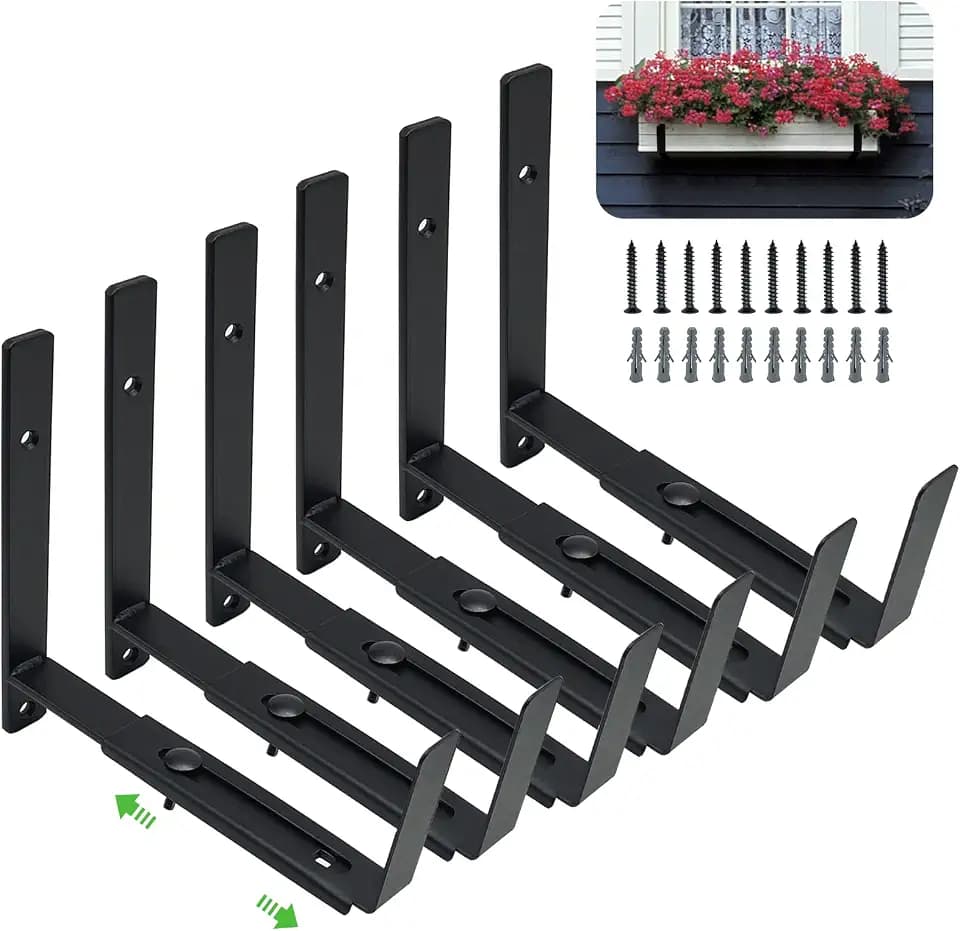Adjustable Window Box Bracket 6 Pack, Heavy Duty Planter Box Bracket Flower Box Holder Wall Mount Suitable for Planter Boxes 6 inches to 12 inches Deep