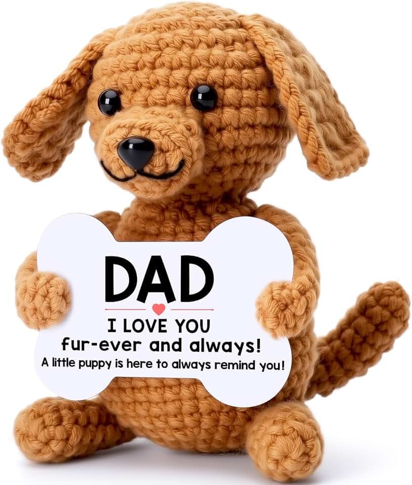 Funny Fathers Day Dad Gifts from Daughter Son, First New Bonus Step Dad Father’s Day Birthday Gifts from Kids Wife, Personalized Unique Daddy Presents Cool Stuff Cute Things, Small Happy Crochet Dog