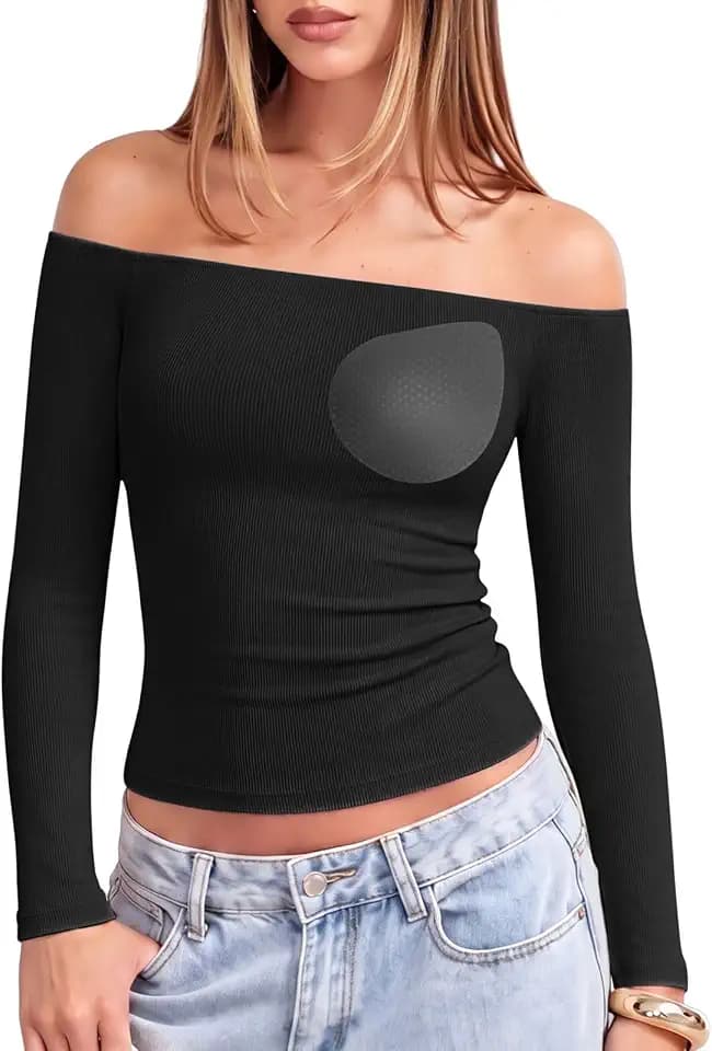 SUUKSESS Women Long Sleeve Shirts Padded Cotton Ribbed Off the Shoulder Top