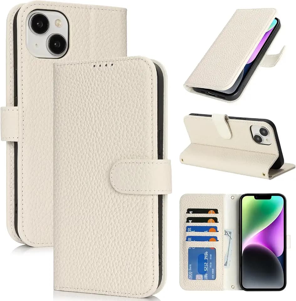 Zouzt Leather Wallet Case for iPhone 14/13, 4 Card Slot, Milky White