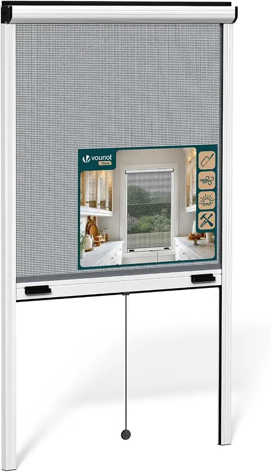 VOUNOT® Insektenschutzrollo Fenster mit Aluminiumrahmen, Fliegengitter Rollo mit Fiberglas Netz, zuschneidbar in Höhe und Breite, einfache Montage, L80 x H130 cm Weiß