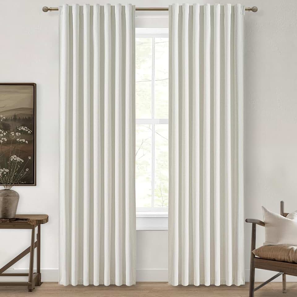 QJmydeco Beige White Cute Blackout Curtains 84 Inches Long 2 Pack, Insulated Sliding Door Curtain UV Heat Blocking Drapes for Living Room/Bedroom Faux Linen Ceiling Pins Hooks&Back Tab(W50 x L84)