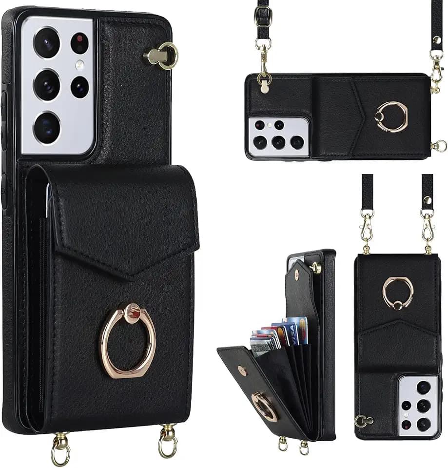 for Samsung Galaxy S21 Ultra Case 5G 6.8 inch, Minimalist Wallet Case with Ring Kickstand and Shoulder Strap, Shockproof Stylish Protective Cover for Galaxy S21 Ultra -Black