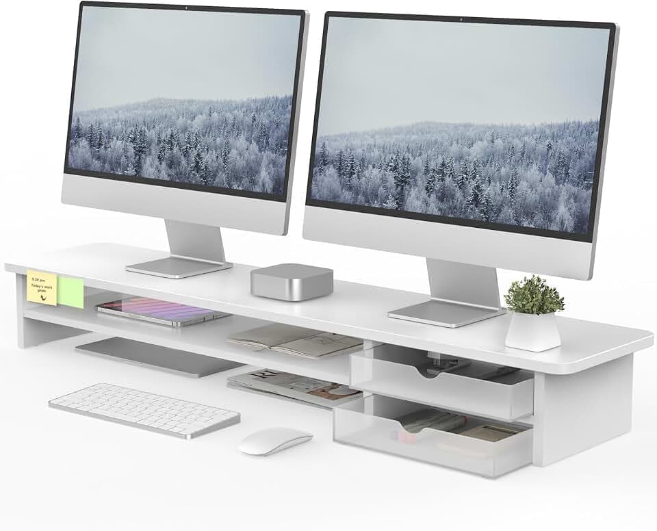 Fenge Dual Monitorständer mit 2 PC Schublade,Bildschirmständer,Weiß