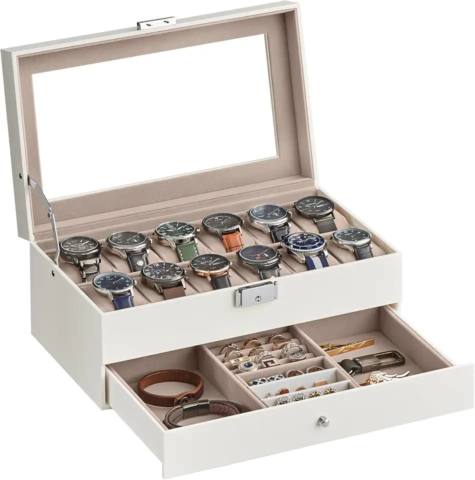 SONGMICS Uhrenbox mit Glasdeckel, 2 Ebenen, für 12 Uhren, abschließbar