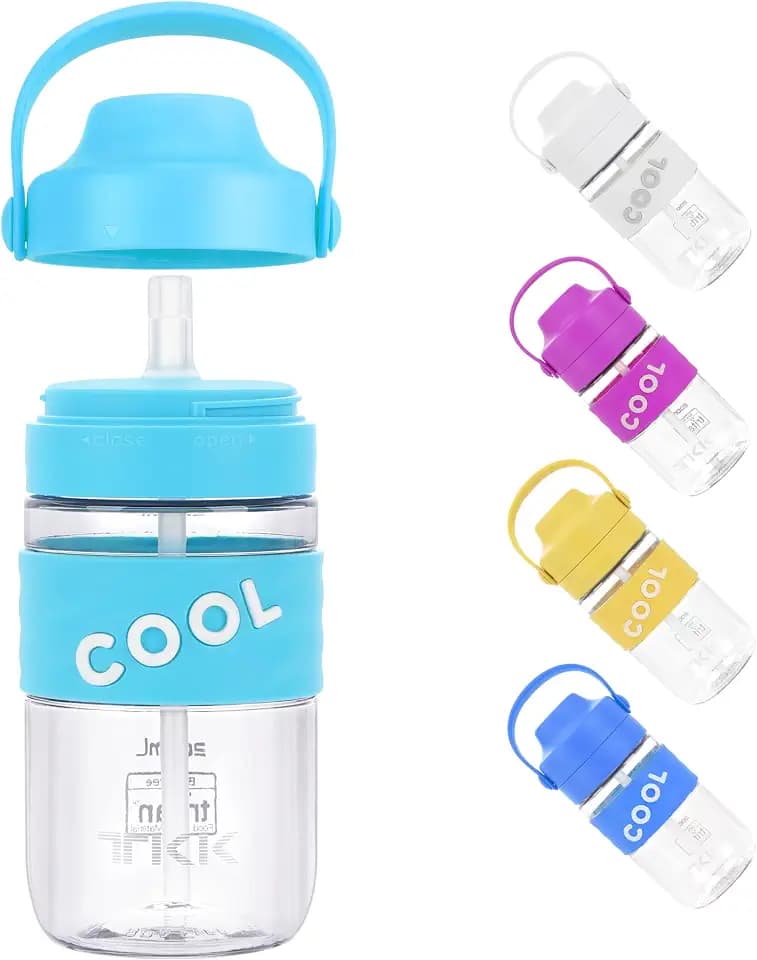 TKK 1017 Trinkflasche 500ml auslaufsicher und Strohhalme, Tritan BPA-Frei transparent mit Tragbriff Trinkflasche Grün