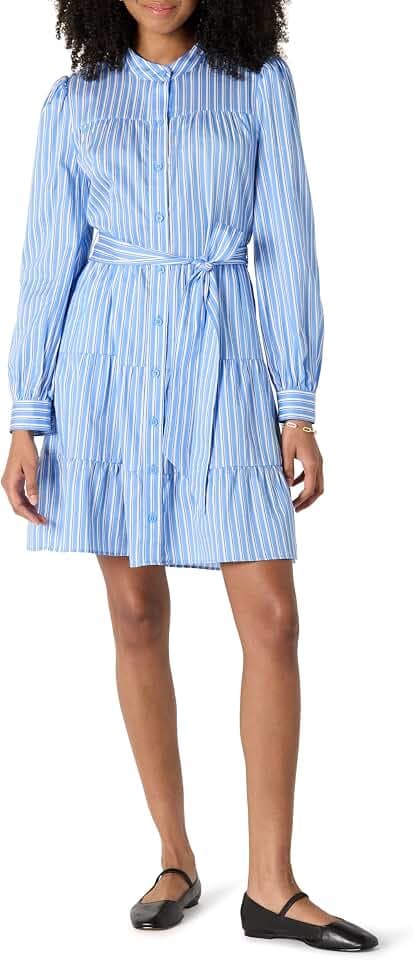 Amazon Essentials Damen Gestuftes Regular-Fit-Hemdblusenkleid aus Baumwollsatin