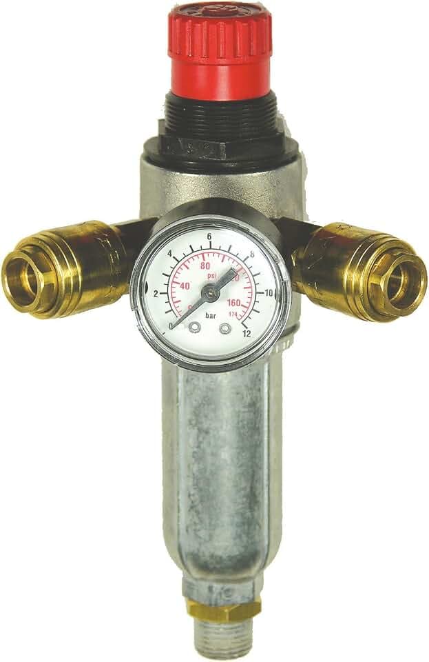 Mecafer 152172 Druckregler mit Filter für Kompressor, 40 Mikron Filterdruckminderer 0-12 Bar inkl. Manometer und 2 Schnellkupplungen, Grau