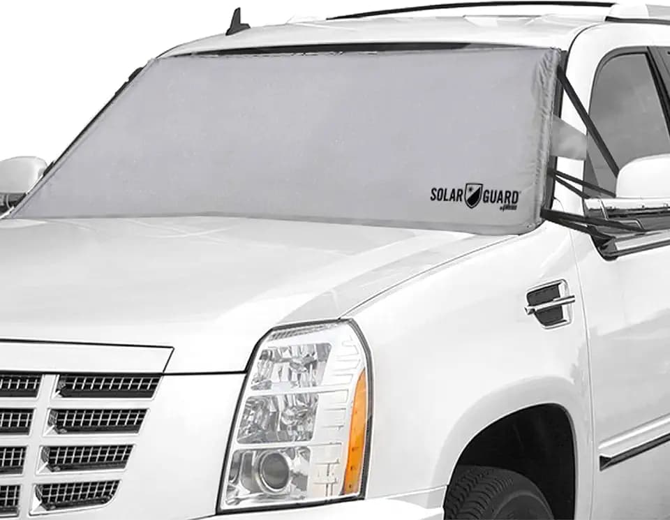 SolarGuard Plus Sunshade for Car Windshield - Reflective Car Shades for Windshield, Blocks Damaging UV Rays - for Use on Front Window Exterior, Includes Security Flaps - Silver, XL Size