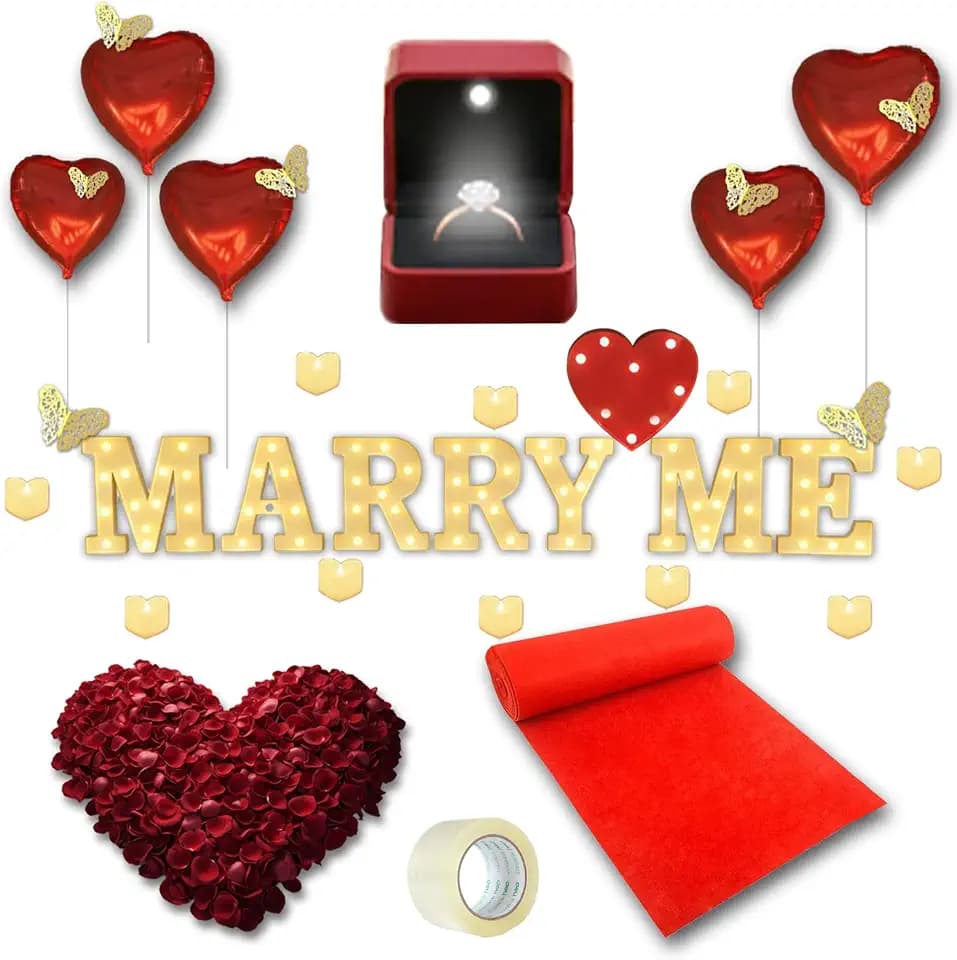 3051 Stück Deko-Set für den Heiratsantrag, Leuchtbuchstaben Marry Me Leuchtringbox, Herz Kerzen, Goldener Schmetterling, Rosenblätter, Roter Teppichläufer 5M, Herzballons, Rote Herzförmige Licht
