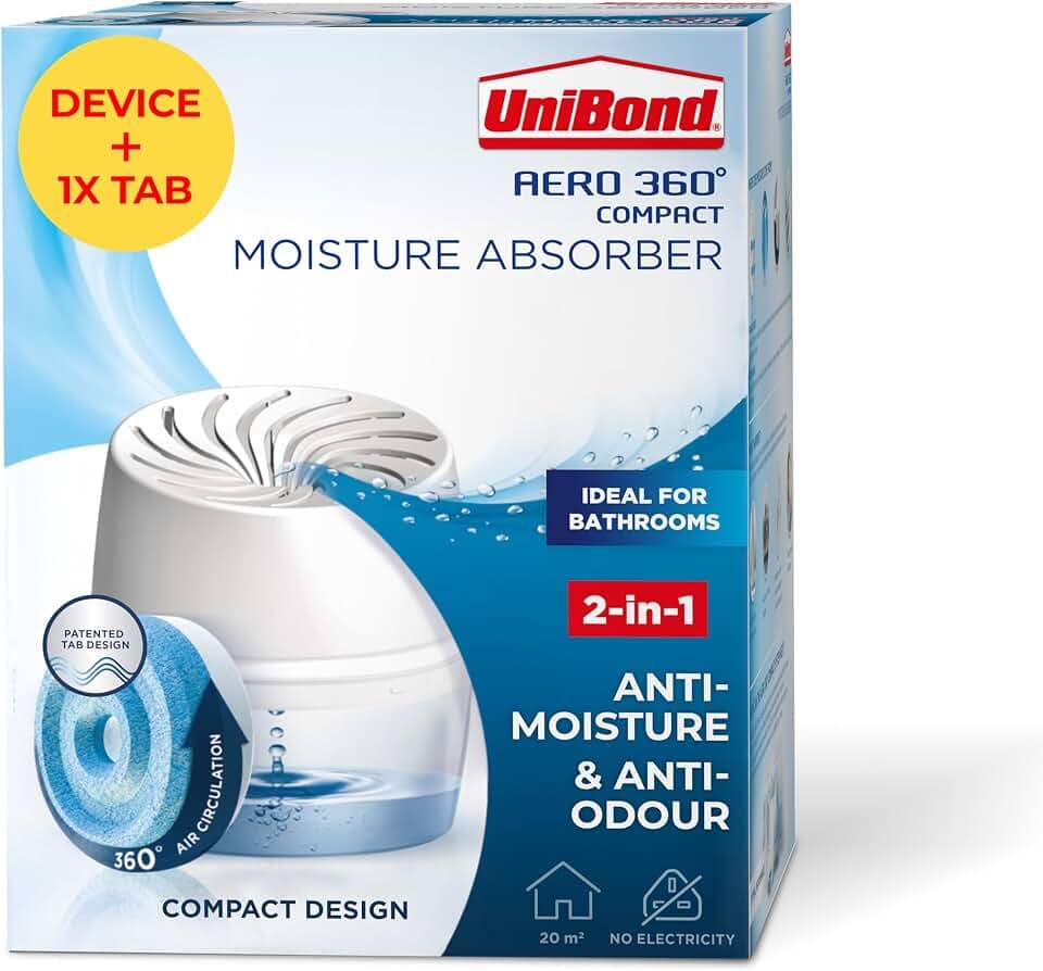 UniBond AERO 360° Feuchtigkeitsabsorber mit 1x Nachfüller, Luftentfeuchter für effektive Luftzirkulation, Feuchtigkeitsregler reduziert überschüssige Feuchtigkeit, 1 Gerät inkl. 1 Nachfülllasche 450g