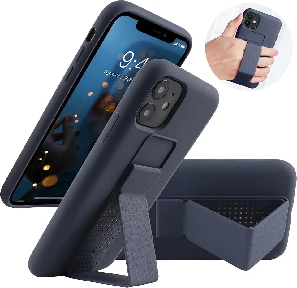 LAUDTEC Silicone Kickstand Case Compatible with iPhone 11, Vertical and Horizontal Stand Hand Strap Metal Kickstand Cover, Flexible Soft Liquid Silicone Stand Case for iPhone 11 (Blue)