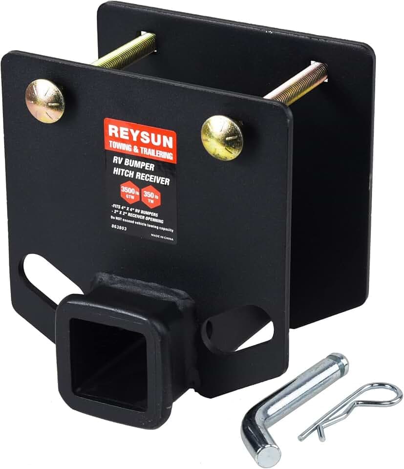 Trailer Hitch 863803 RV Bumper Hitch Receiver Adapter, 2-inch Receiver, Fits 4-inch Square RV Rear Bumpers, Hitch Pin Kit Included