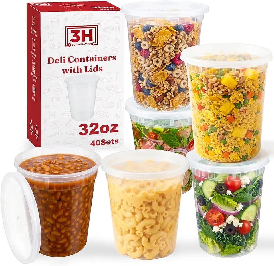 32oz Deli Containers with Lids (40 Sets/80 Pcs) Quart Plastic Containers with lids, BPA-Free Microwave Freezer Safe Bowl, Leakproof Food Prep Containers for Leftover Food Storage &To-Go