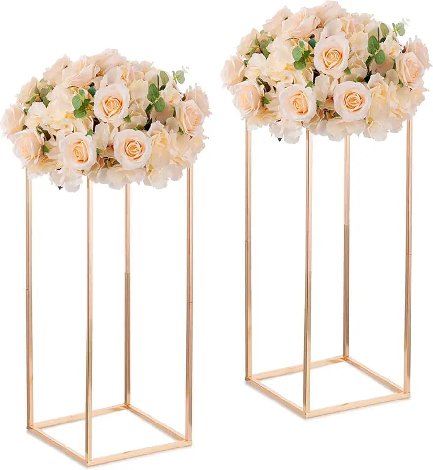 Gold Blumenständer Hochzeits Mittelstücke - 2 Stück Säulenvasen mit Metall Platte 60cm Hohe Bodenvase Geometrischer Goldvasen für Tischdeko Hochzeit Party Deko Wohnzimmer
