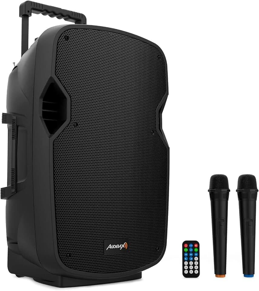 Audibax Denver 12 Altavoz Activo PA 12” Con Batería, Ruedas + 2 Micros Inalámbricos Mano
