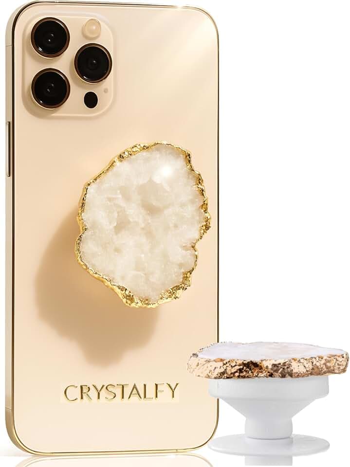Grips by CRYSTALFY Crystal Phone Grip Holder & Expanding Kickstand-Natural Gemstone Swappable Top Accessory Compatible with iPhone, iPad, Kindle & Mobile Devices (White Clear Quartz Druzy, Adhesive)