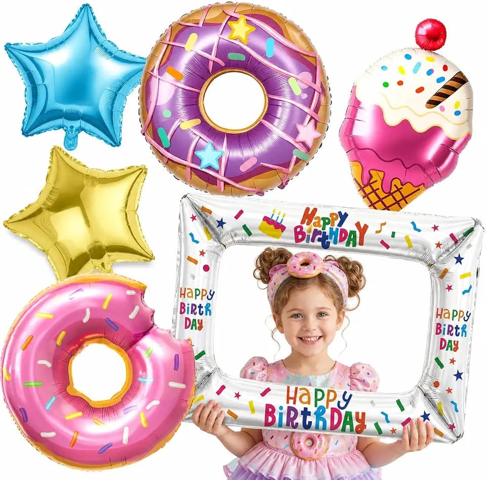 SNLN 6Pcs Donut Balloon Set with Photo Booth Frame & Ice Cream Balloon