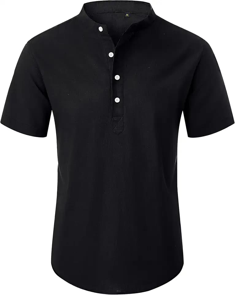 siliteelon Kurzarmhemd Herren Henley Leinenhemd Herren Kurzarm Schwarz Hemden ohne Kragen für Männer Regualr Fit Sommerhemd in Urlaub Strand