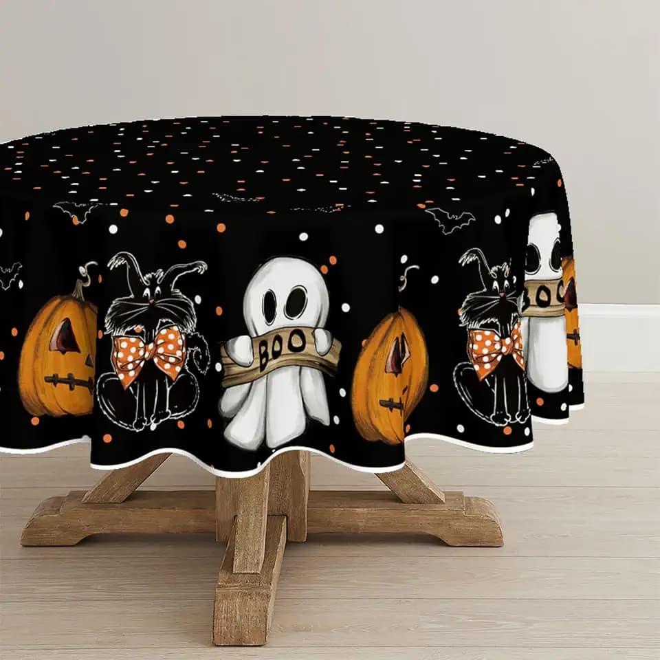 Horaldaily Halloween Tablecloth 90 x 90 Inch Round Jack-O-Lantern Ghost Cat