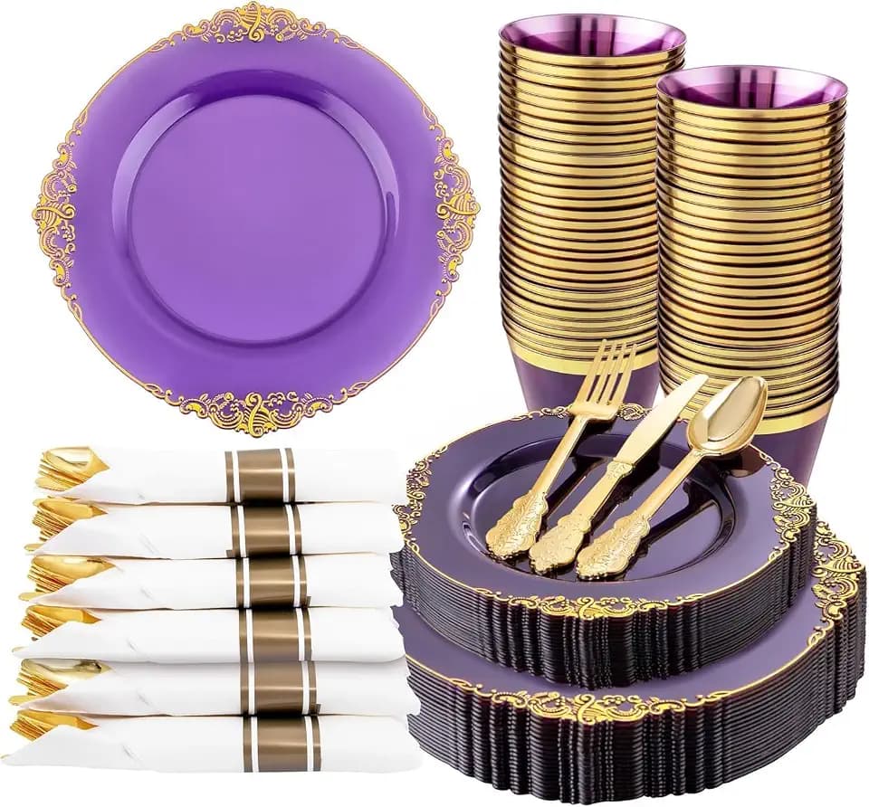 Nervure 175Pcs Purple Plastic Plates, Plastic Dinnerware Set for 25 Guests