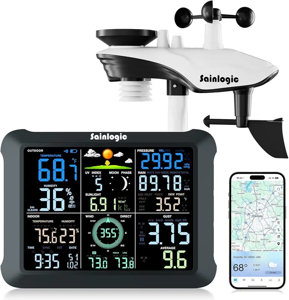 Sainlogic 14-in-1 WiFi Smart Weather Station with 24H/ 7Days Accurate Weather Forecast by Weatherseed® AI, 8.5" Large Display,UV,Sun Light,Rain Gauge,Wind Gauge,2-Year Data Storage & Export(Only 2.4G)