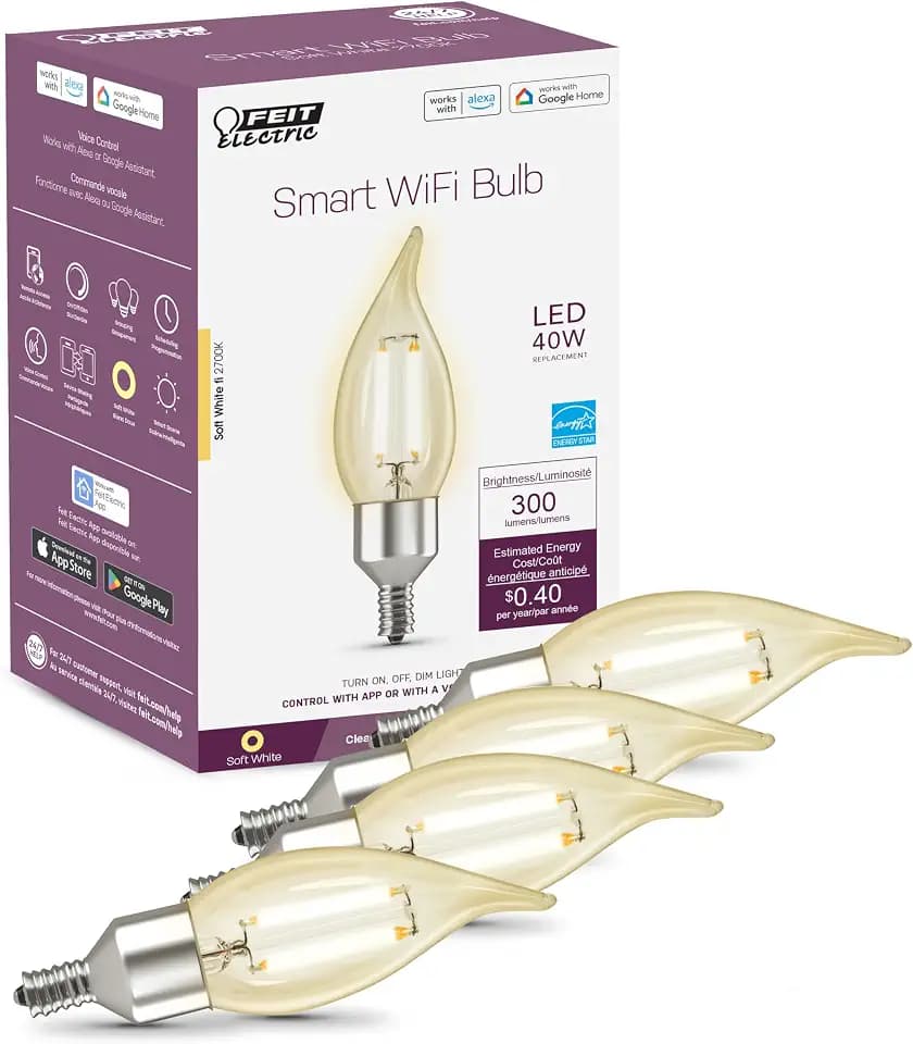 Feit Electric Smart Candelabra Bulb, E12, 2.4GHz WiFi, 40W Eq, 2700K 4 Pack