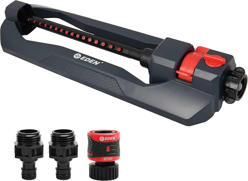 Eden 94105 Weighted Oscillating Sprinkler | Covers Up to 3,600 sq. ft., 16 Precision Nozzles, Adjustable Range, Flow Control, Turbo Drive Motor, Quick Connect Bundle