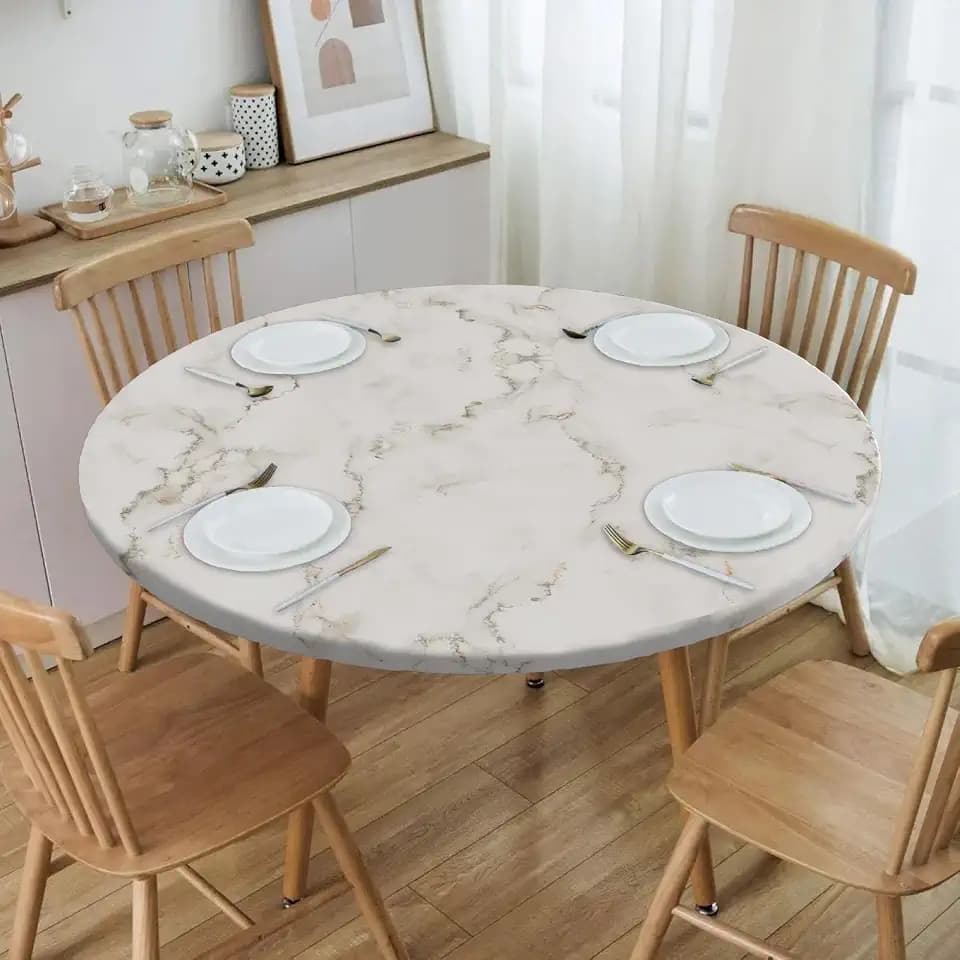 Elastic Round Tablecloth - Fit for 45-54” Tables, Round Fitted Table Cloth with Elastic Edge, Water Resistant Washable Table Covers for Dining Room, Party & Kitchen Decor
