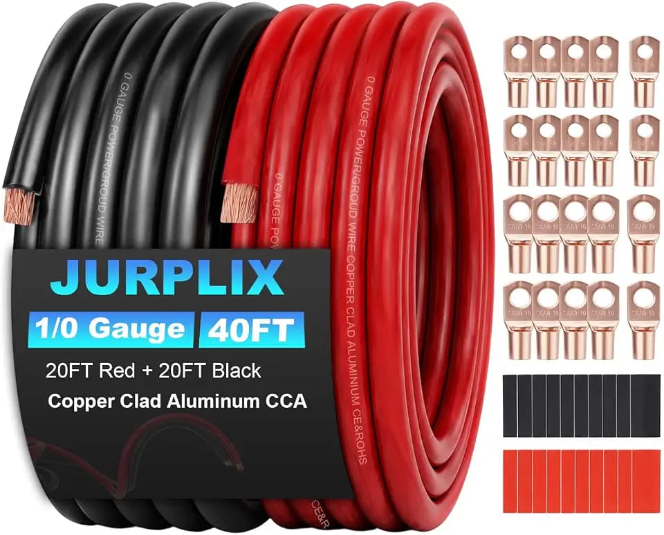 1/0 Gauge Wire 1/0 AWG Battery Cable (20FT Red+20FT Black), Copper Clad Aluminum CCA Amp Wiring Kit, Automotive Wire with Terminals Connectors, for Car Audio Speaker, Marine, RV Trailer