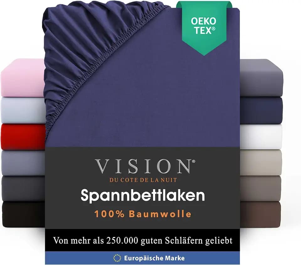 VISION Spannbettlaken – 100% Baumwolle – Doppelbett (140 x 190 cm) – Elastische Ecken – Passend für Matratzen bis zu 25 cm – Öko-Tex-Zertifizierung – Maschinenwaschbar – Farbe: Marineblau