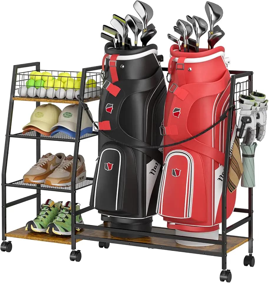DAOUTIME Golf Bag Storage Rack for Garage with Wheels, Organizer for Golf Bag and Equipment Accessories, Golf Organizer Stand Ideal for Home, Garage, Club, Shed, Basement - Sturdy and Durable (Black)