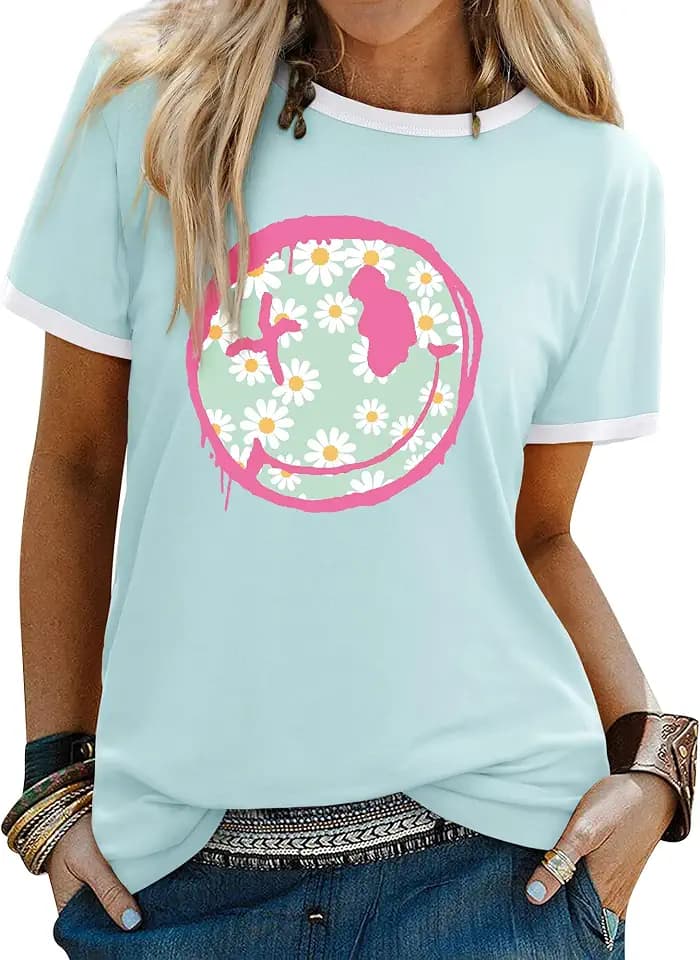 WIEIYM Damen-T-Shirts, Rundhalsausschnitt, kurzärmelig, lässig, Sommer, Tops, Smiley-Gesicht, bedruckte T-Shirts, Bluse, S-XXL