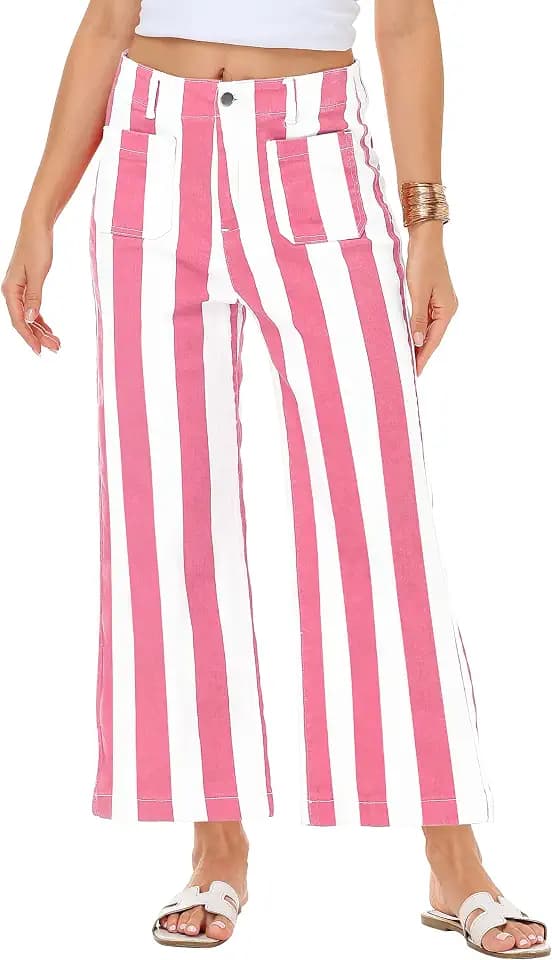 Women Striped Jeans Stretchy Cropped Vertical Denim Pants with Pockets