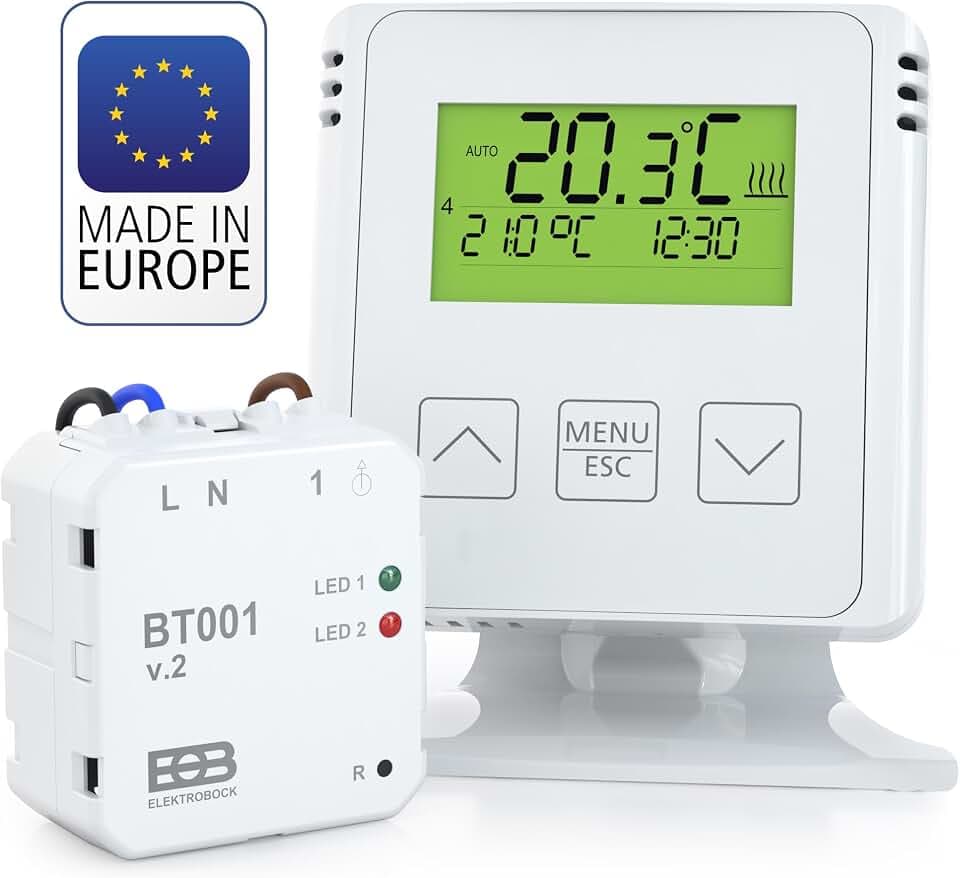 ELEKTROBOCK BT731 Funk-Raumthermostat mit Empfänger - Standfuß - Reichweite bis 35 m - Für elektrische Heizung und Infrarotheizung - Wochenprogramme und Frostschutz, Weiß