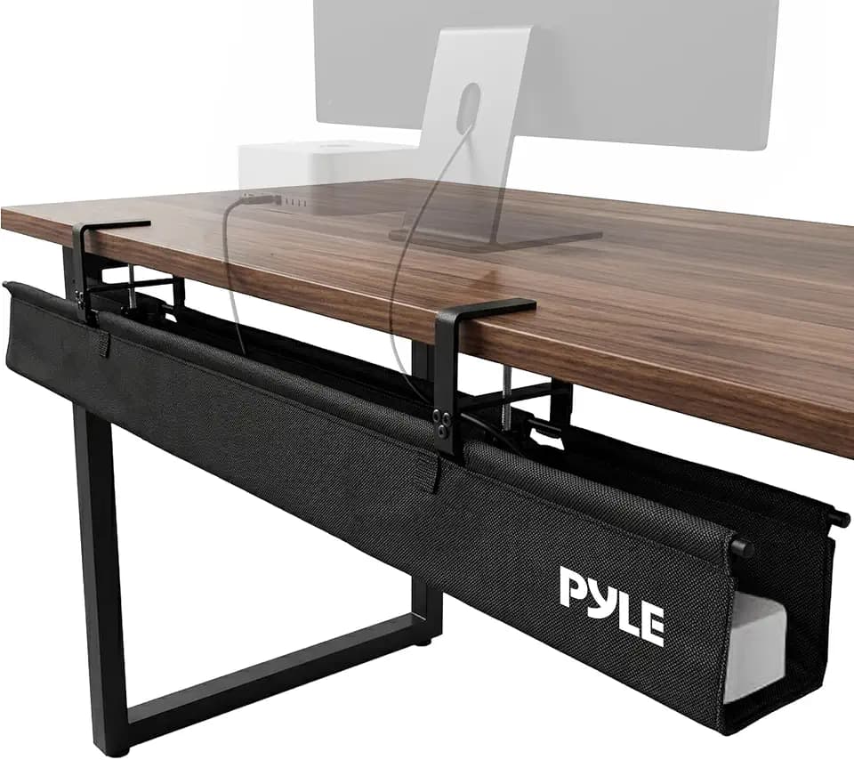 Pyle 36" Under Desk Cable Management Tray, Under Desk Wire Organizer with Clamp or Screw Mount, Desk Cable Organizer with Fabric Design for Large Workstations, Built-in Ties, 20 lb Capacity, Black