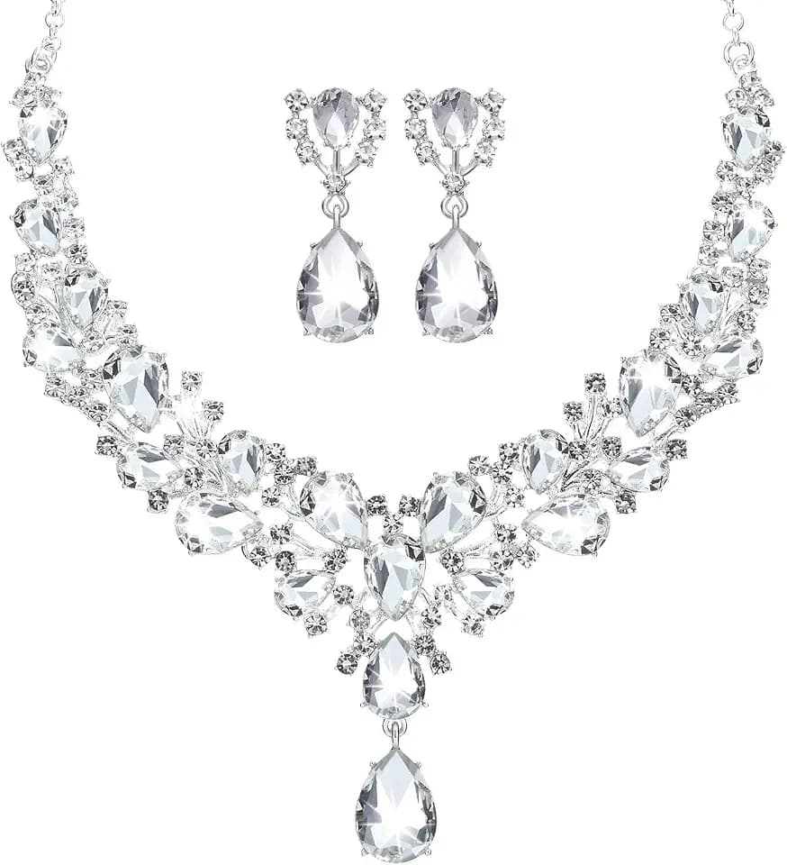Hicarer Bridal Teardrop Cluster Crystal Jewelry Set Women