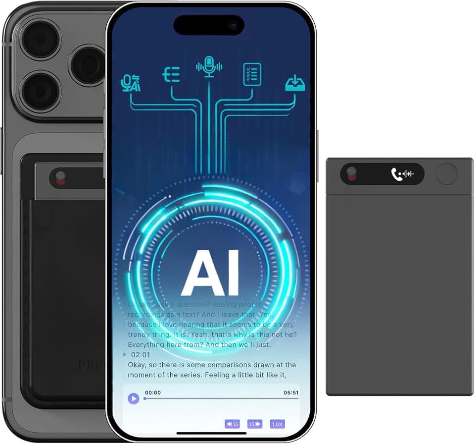 AI Smart Voice Recorder, 64GB 1000+ Hours Audio Recorder with Fast AI Transcription, Summaries, Mind Map, Q&A, Data Safe, Ultra-Thin, Magnetic Case, for Meetings, Calls, Lectures, Matte Grey