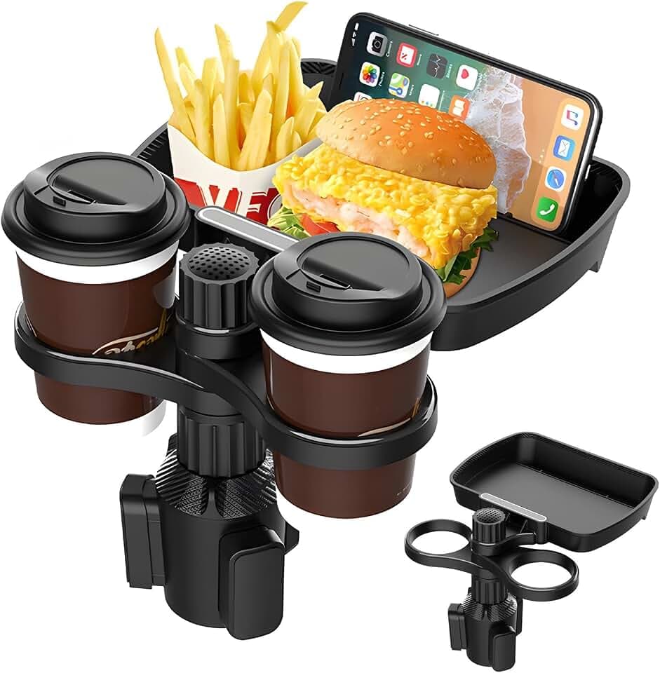 Handyhalterung Auto Getränkehalter mit Tablett - 3-in-1 KFZ Becherhalter Auto Esstisch, Universal Doppel Getränkehalterung mit Ausziehbarer Ablage für Snacks Kaffee Smartphone, Einfache ohne Bohren