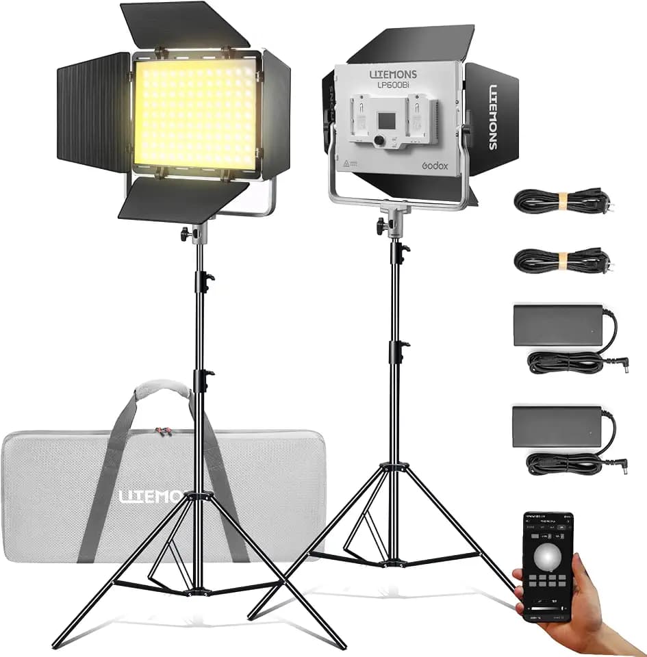 Godox Litemons LP600Bi-K2 Bi-Color LED Light Panel W/APP Control,2 Pcs 60W Studio Photography Lighting W/Barndoor,2800K -6500K,FX Modes/360°Rotatable/CRI 96+ TLCI 96+ with Light Stand,Carry Case
