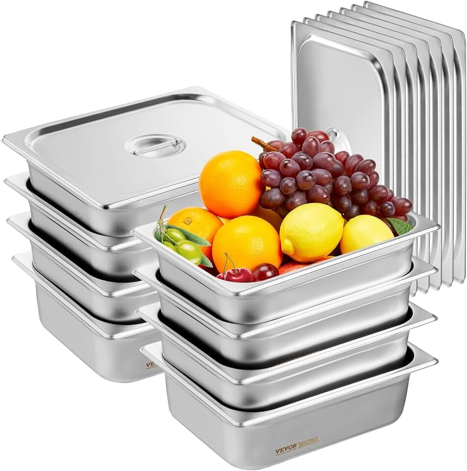VEVOR GN 1/2 Gastronormbehälter, Edelstahl Behälter 8 Stk. 326 x 266 x 102 mm Speisebehälter mit Deckel, kommerzieller Warmhaltebehälter 6,25 L Tiefe für Speisen, Hotelpfanne Tisch Food Pan