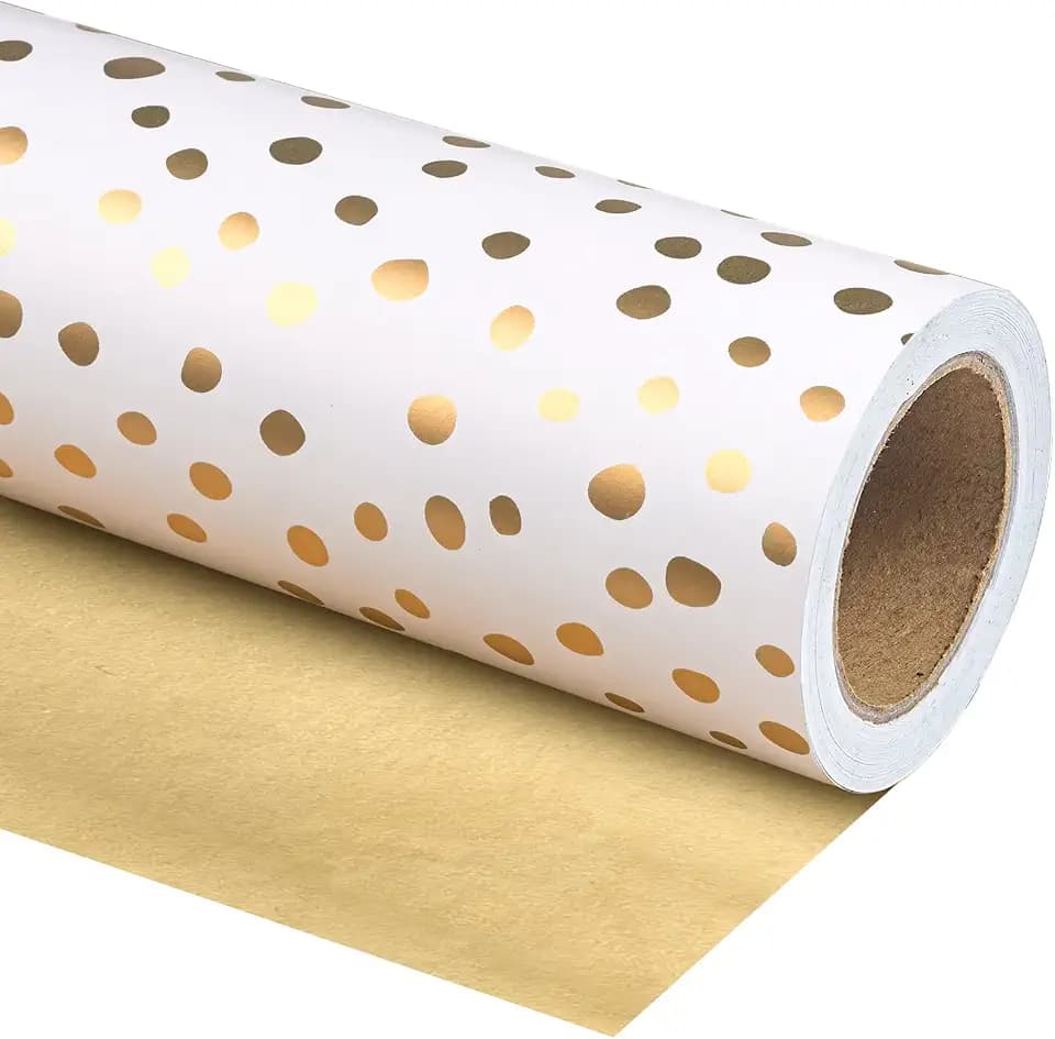 WRAPAHOLIC 30 Inch Reversible Wrapping Paper - 30 Inch x 33 Feet - Gold Print and Delicate Polka Dot Wrapping Paper for Birthday, Holiday, Wedding, Baby Shower