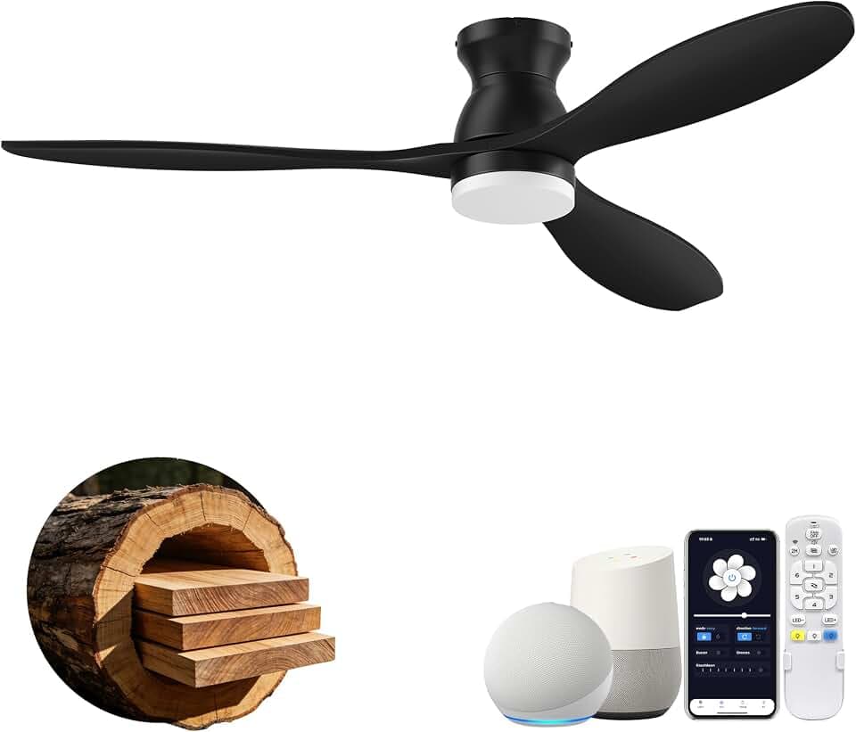 52" Smart Flush Mount Ceiling Fans with Light Remote,Wood,Low Profile,Black