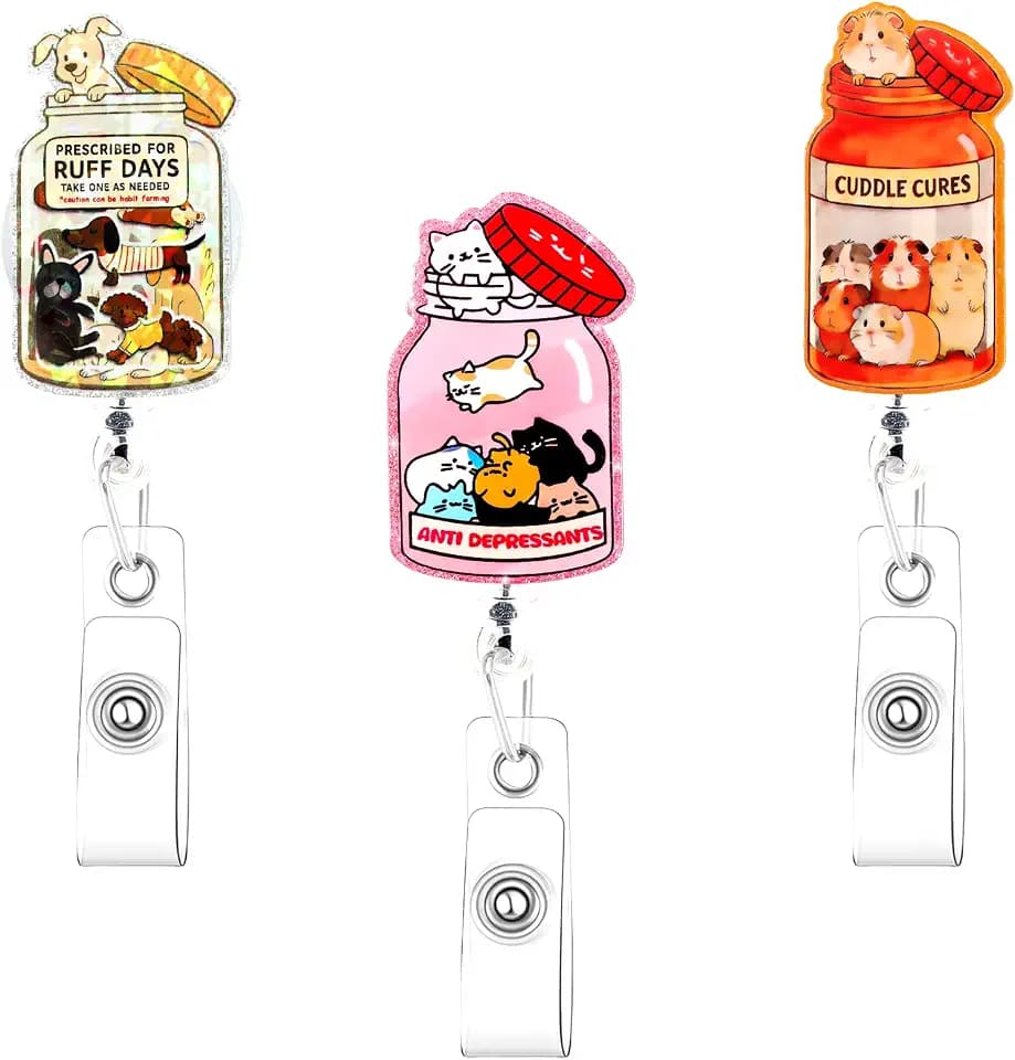 Zkptops 3Pcs Funny Nurse Badge Reel Cute Cat Dog Hamster Badge Reel with Retractable Alligator Clip Badges Holder Buddy for Nurses Doctors ID Card Decor Acrylic Name Tag Badges Accessories for Gifts
